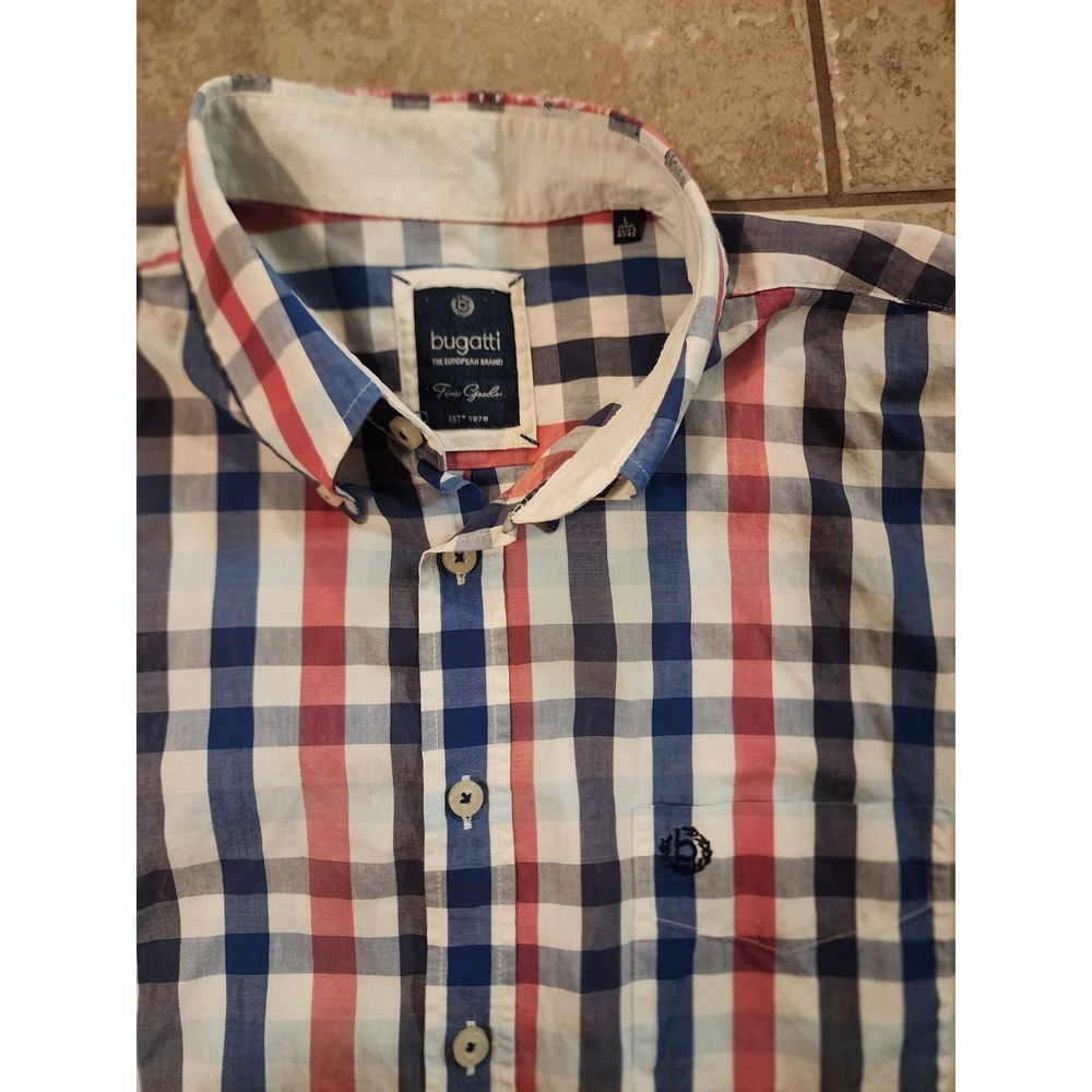 Bugatti Mens Short Sleeve‎ Plaid Button Down Shirt Red White Blue Large 41/42